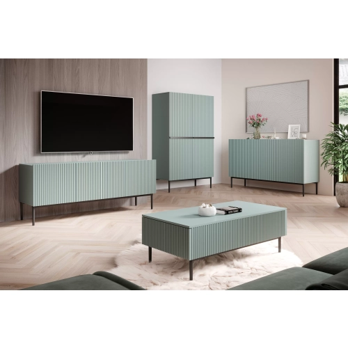 Komoda Nicole 150 cm trzydrzwiowa z ryflowanym frontem - szałwia / złote nóżki - Limitowana oferta